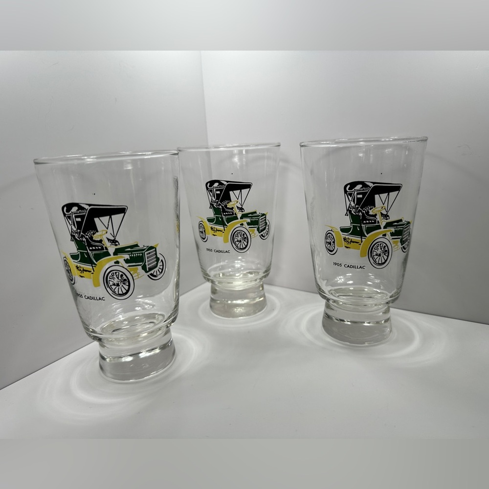 Lot of 3 glasses with image of a vintage 
1905 Cadillac vehicle